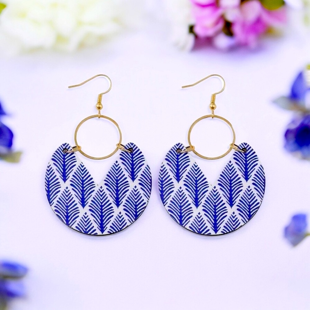 Blue Leaf Pattern Dangle Earrings Retro Bohemian Style Wooden Jewelry‎ Exquisite